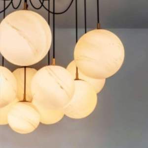 <b>Modern</b> Alabaster Round Chandelier With Gold Accents E27 <b>LED</b> Pendant <b>Light</b> For Living Room <b>Ceiling</b> Fixture - Product Image 2