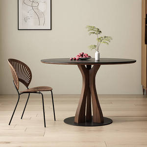 Tavolo da Pranzo Artistico Rotondo in Pietra Sinterizzata con Base Curva in Legno di Noce, Arredamento Moderno per Cucina - Product Image 5