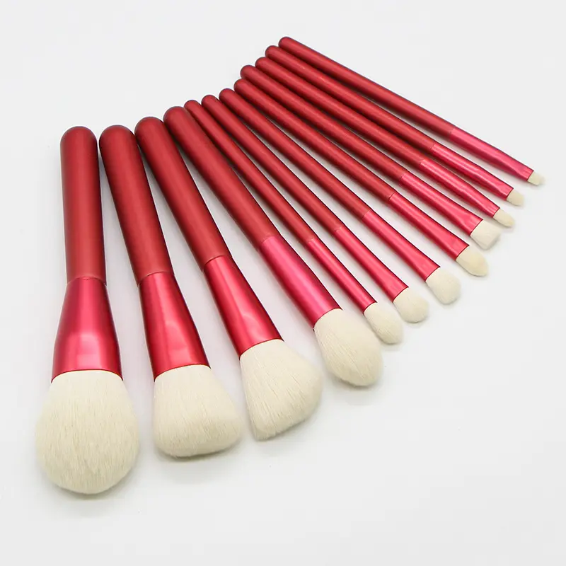 FEIYAN Brosse de maquillage pour cheveux synthétiques doux et blancs à manche rouge Ensemble de pinceaux de maquillage rouge végétalien 12 pièces avec sac en polyuréthane