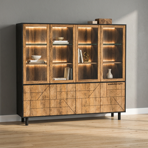 Eco-Friendly Solid Mango Wood Living Room Display Storage Cabinet with Glass Doors | Modern <b>Wooden</b> Display <b>Unit</b> - Product Image 1