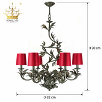 Lustre vintage en fer forgé avec abat-jour en tissu rouge, motif de branches botaniques, luminaire suspendu décoratif pour villa, salon, restaurant