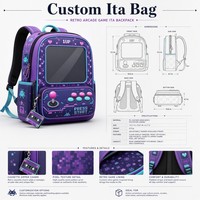 Sac à dos personnalisé en cuir PU violet, style rétro arcade pixel, avec poche pour manette de jeu, fermeture éclair à motif de jeu et doublure à motif de jeu, idéal pour l'affichage de la manette.
