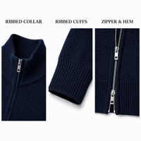 Usine de tricotage OEM ODM sur mesure, fournisseur en gros, cardigan en tricot nid d'abeille à fermeture éclair bleu marine pour homme