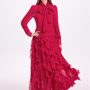 Abito lungo da sera elegante in chiffon a pois con fiocco, stile francese, a sirena, con ruches, a maniche lunghe, <span class=keywords><strong>blu</strong></span>, slim fit - Collezione 2026 (Vendita all'ingrosso) - Product Image 1