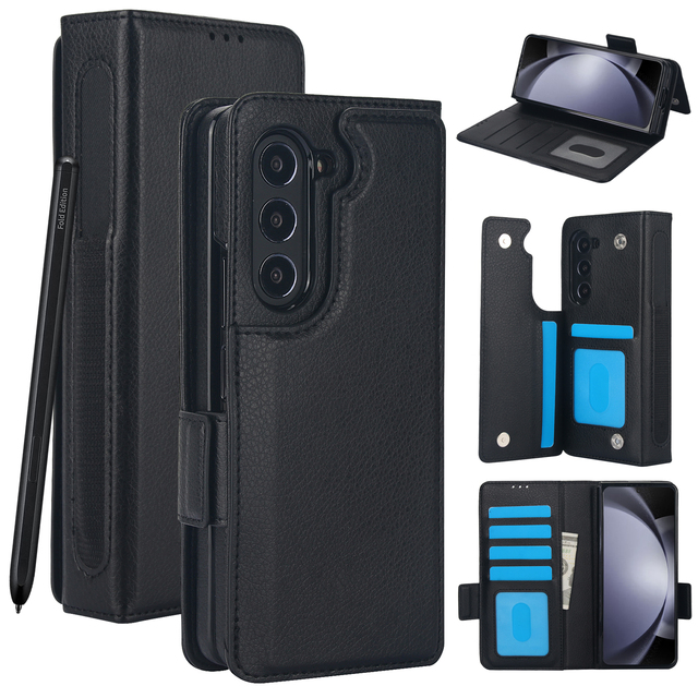 Black Pu Leather Double Magnetic Wallet Flip Phone Cases With Card Holder for Samsung Galaxy Z Fold 3 4 5 6 7 8 Case for Man