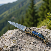 Couteau de survie pliant d'extérieur, couteau de poche pliant en acier Damas, couteau de survie en milieu sauvage, manche en laiton Baobei Shell