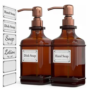 Botol sabun cair dekoratif kaca Amber tebal, botol Dispenser sabun cuci tangan kaca antik
