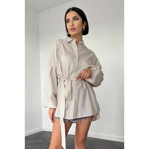 Chemise en popeline rayée couleur café clair pour femme, avec ceinture, style décontracté, à nouer et à boutons, pour tous les jours - Product Image 2