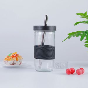 Gobelet en paille au design moderne avec manchon en silicone, style bocal Mason, gobelet perlé pour smoothies, jus, café - Logo personnalisable - Product Image 4