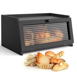 Bread Storage Box Wooden With Lid Black Rectangle <b>Kitchen</b> Bread Keeper Solid Color Design - Product Image 1