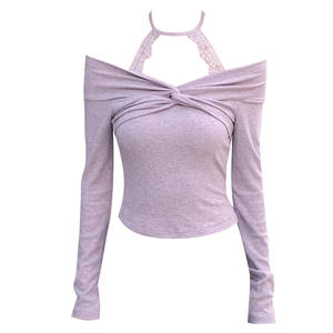 Women's <b>Off</b> <b>Shoulder</b> Twist Front Halter <b>Top</b> <b>Lace</b> Trim Long Sleeve Ribbed Crop Blouse Solid Color Knitted Elastic Fit - Product Image 1