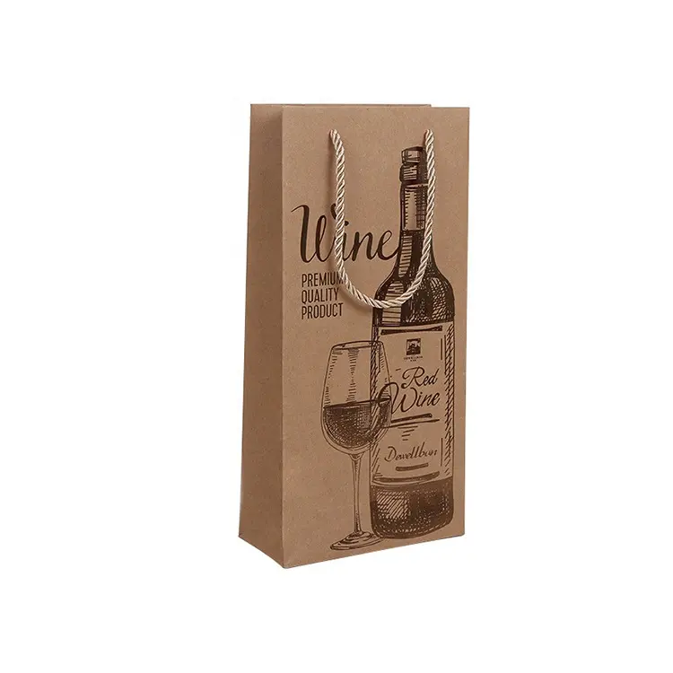 Free design support plain wine paper bag with die cut handle in round or square shape, wine carry bag printing service
