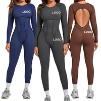 Combinaison moulante de sport sexy pour femme à manches longues, dos ouvert, taille en V, effet froncé aux fesses, pour le yoga et la gym