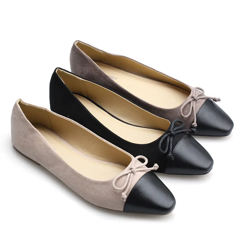 The women fashion popular causal black square toe fabric basic bow beige pu lining soft insole flat office shoes