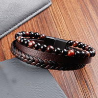 Cordon en cuir noir, bracelet tressé en acier inoxydable double couche pour homme avec pierres naturelles, bracelet en cuir multi-brins fait main