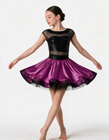 Robe de danse pour filles, noire, à sequins, avec manches courtes en maille, jupe en satin violet, costume de scène de ballet