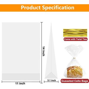 Clear Flat Bottom Gusset <b>Bread</b> <b>Bags</b> 11x14x3.1 Inches Plastic Gift <b>Bags</b> for Popcorn Cookie Wedding 50 Pack - Product Image 2