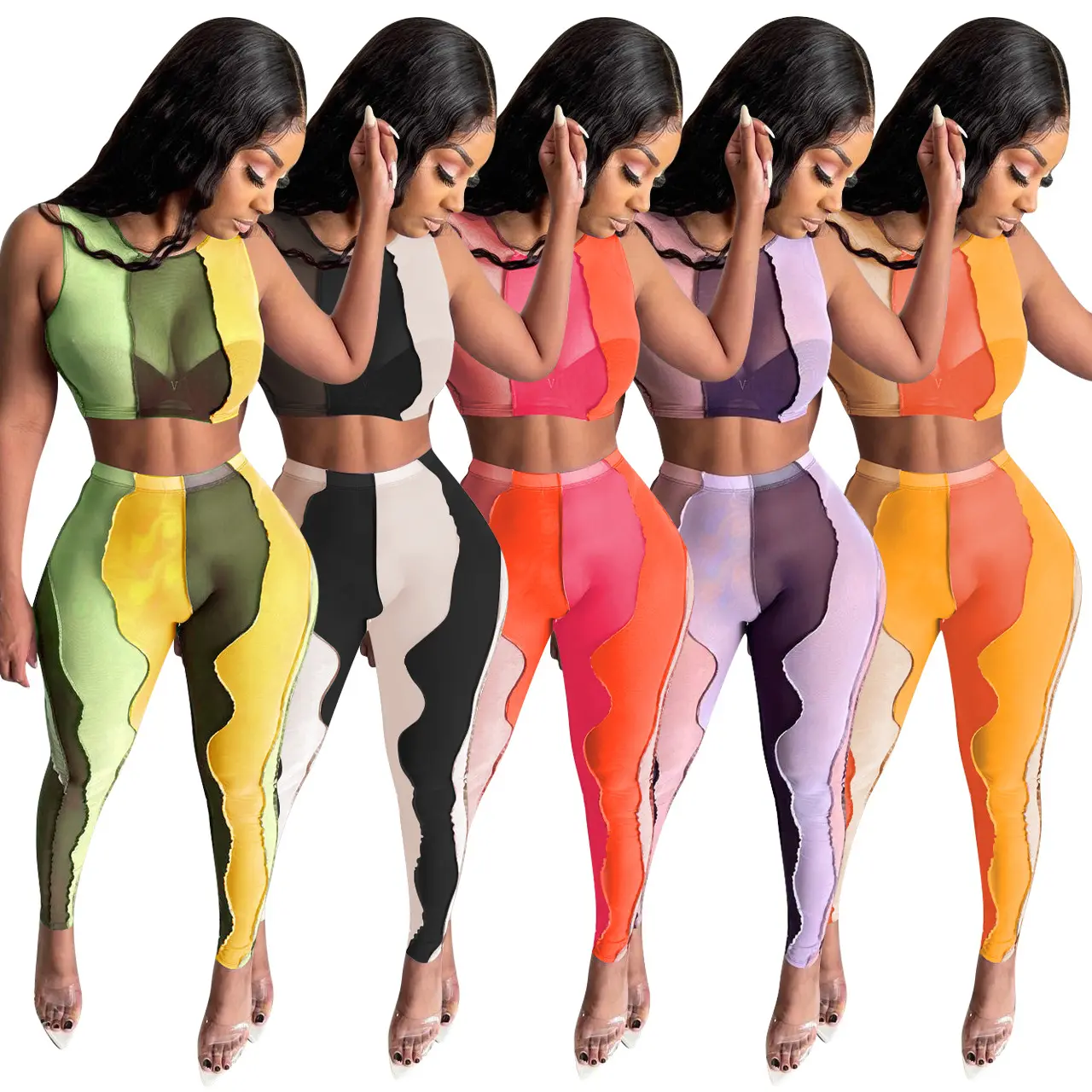 2023 The latest Design Colorful Mini Translucent Fashion Grid Irregular Needle Sleeveless Top With Trousers Women's Clothing