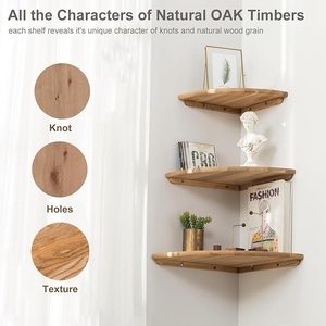 Estantes de esquina flotantes de madera maciza de roble de 2 piezas de 12 pulgadas, estante de exhibición de montaje en pared con orificio de alambre para dormitorio, cocina, sala de estar - Product Image 4