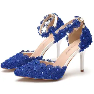 Bianco/Rosa/Blu del merletto 7.5 centimetri tacchi sottili scarpe da sposa scarpe da sposa partito scarpe tacco alto delle donne scarpe da sposa più il formato 33-43