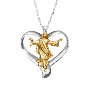 Collier avec pendentif Jésus en forme de cœur, charme religieux bicolore, bijoux fins unisexes - Product Image 4