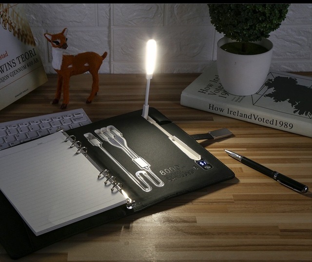 A5 Leather-bound Planner Notebook with Powerbank and USB Fast Charger Hardcover Diary with Lamp Lighting Size Loose-leaf
