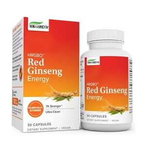 Özel etiket Vegan kırmızı Ginseng kökü toz Panax Ginseng enerji kapsülleri
