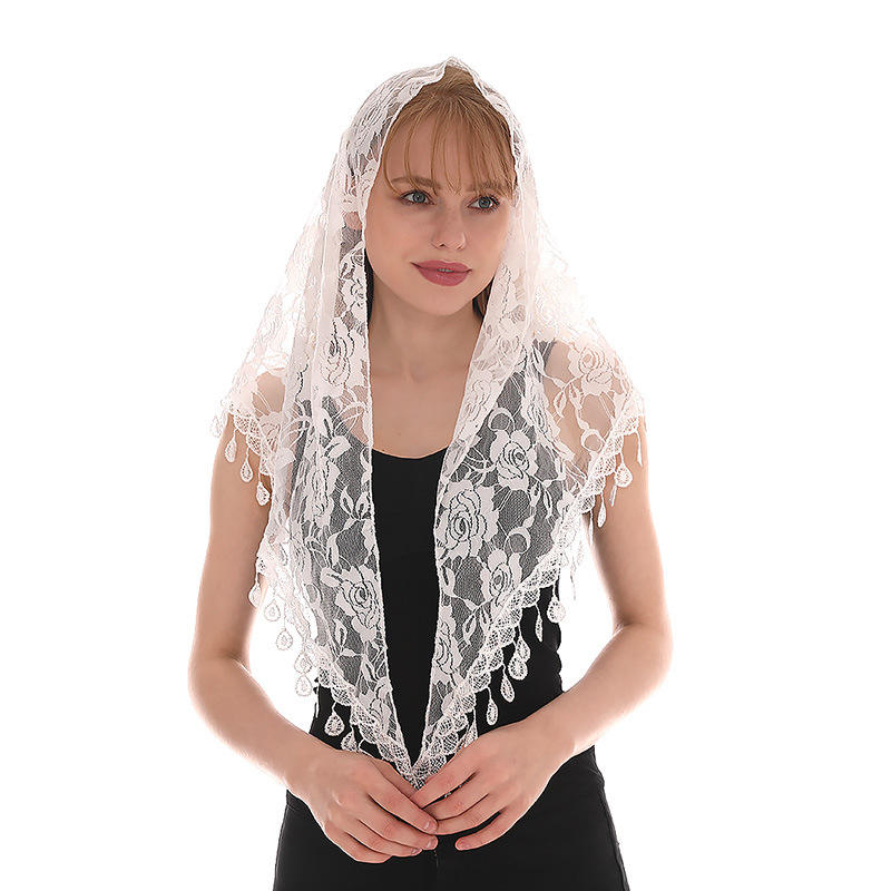 Women Lace Triangle Embroidered Scarf Tassel Church Shawl Pendant Spanish  Lace Mantilla Veil Head Cover