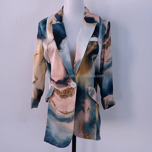 Blazer en soie à imprimé marbré personnalisé pour femmes, <span class=keywords><strong>veste</strong></span> de costume à manches trois quarts pour dames - Product Image 3