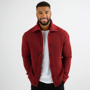 Burgundy Button Cardigan <strong>Men</strong> High Stand Collar Spring Warm Breathable <strong>Wool</strong>/Acrylic Blend Knit Sweater <strong>Coat</strong> - Product Image 1