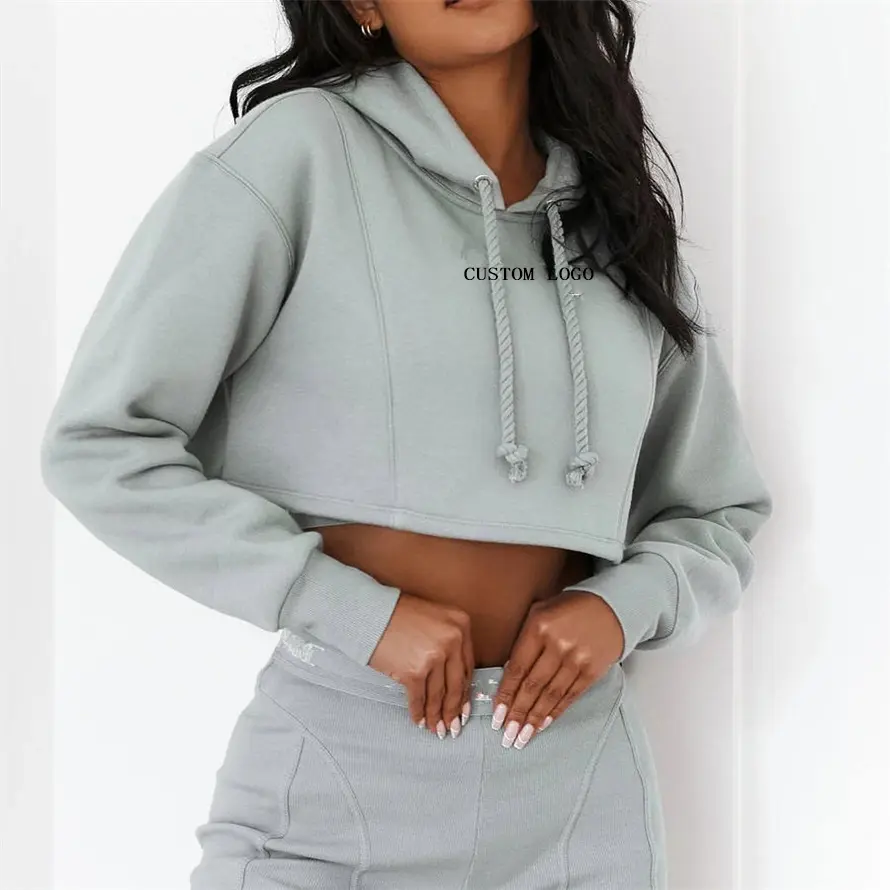 Fashion Solid Blank Hooded Sweater Long Sleeve Fleece Warm Crop Top Hoodie For Women