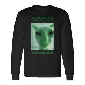Alien Cat <b>Meme</b> Long Sleeve T-<b>Shirt</b> Green Print Funny Design - Product Image 1
