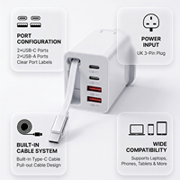 UK-Stecker 4-Port-Schnellladegerät mit Einziehbarem USB-C-Kabel PD 20W 2 USB-C 2 USB-A Kompakter Reiseadapter für Handy Tablet Laptop