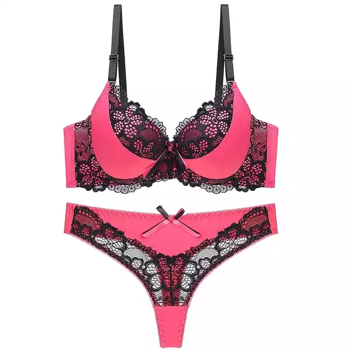 Pabrik Langsung Ukuran Plus Transparan Renda Busur Bra Set untuk Wanita Bra B C Cup Seksi Wanita Push Up Bra & Thong Set