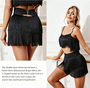 Gonne da ballo latino nere da donna a doppio strato con frange per Tango, Salsa, Swing, Rumba - Sciarpa da fianco per danza - Product Image 2