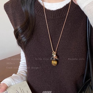 Collar de cuerda trenzada de aleación con perlas para mujer, estilo vintage, con piedra ojo de tigre <span class=keywords><strong>chino</strong></span>, <span class=keywords><strong>cadena</strong></span> larga para colgar en el cuello, disponible. - Product Image 5
