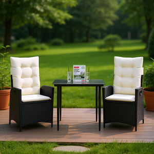 Set da pranzo da giardino bianco crema e nero, 2 posti, in rattan resistente alle intemperie, design contemporaneo - Product Image 2
