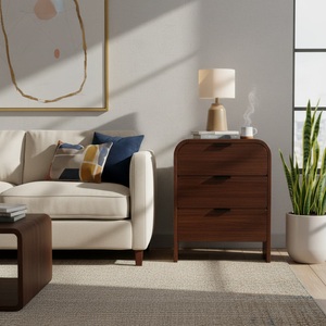 Table de chevet ronde en bois <span class=keywords><strong>avec</strong></span> 3 tiroirs, finition noyer de luxe, pour chambre à coucher, hôtel, villa, meubles - Product Image 1