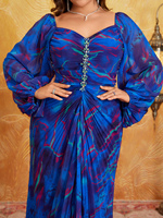 Robe de soirée maxi évasée modeste à imprimé plissé avec décoration de cristaux et de perles, col cœur, manches lanternes, taille plus, coupe aléatoire