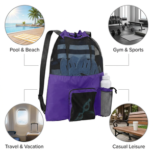 <b>Large</b> Mesh Backpack Swim <b>Bag</b> <b>Beach</b> <b>Bag</b> Gym Sports Pool Wet Dry Drawstring Front Zipper Pocket Side Water Bottle Holders 4 Colors - Product Image 4