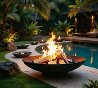 Luxuriöse Corten-Stahl-Feuerstelle für den Pool – Moderne runde Wasserschale mit Brunnen- und Feuerelement für die Gartendekoration von Villen
