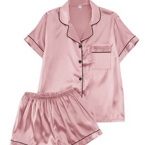 Pyjama d'été pour femme en satin de polyester couleur unie, col rabattu, manches courtes, short taille haute - Product Image 5