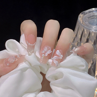 Faux ongles à presser forme cercueil moyenne, 24 pièces, avec base rose nude, French manucure pailletée, fleur 3D, nœud et perle, en ABS, pour filles