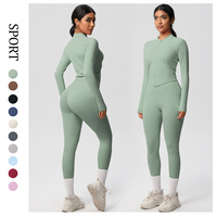 Ensemble de yoga deux pièces européen et américain : veste zippée nude et pantalon de sport taille haute à poches à rabat, séchage rapide, pour course et fitness