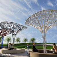 Sculpture d'arbre en métal coloré ajourée et perforée Vincentaa avec abri intégré et sièges intégrés pour place publique et parc