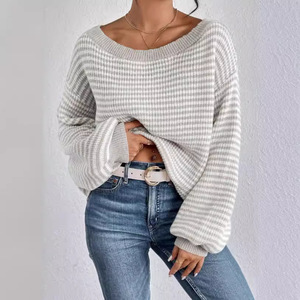 Pull en maille pour femme à épaules dénudées, à rayures contrastées et manches lanternes, mode - Product Image 4