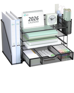 Porte-stylos transparent, organiseur de bureau, rangement de bureau en métal maillé, plateau pour documents et papiers, ensemble d'organisateurs avec tiroir pour bureau - Product Image 1