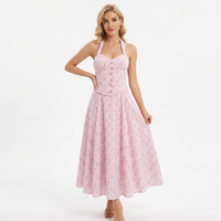 Vestido Largo de Verano para Mujer, Nuevo Estilo Dulce con Estampado Floral, Tejido, Retro, Sexy, con Espalda Descubierta y Cuello Halter