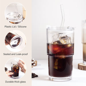 Gobelet en <span class=keywords><strong>verre</strong></span> transparent personnalisable en gros avec paille et couvercle, empilable, de qualité alimentaire, design moderne - Product Image 1