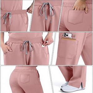 Ensemble de tenue médicale pour femmes, hauts à manches courtes col en V, pantalon de jogging avec poches, uniforme d'infirmière extensible, vêtements de travail d'hôpital, polyester peigné - Product Image 5